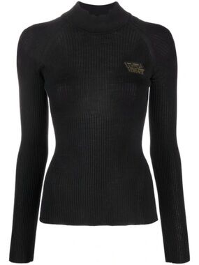 Versace Black Ribbed Turtleneck with Logo Patch